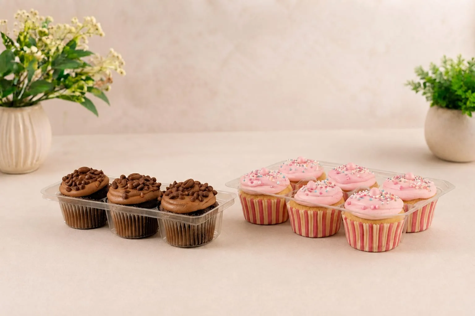 PET 3 Compartment Cupcake Container and 6 Compartment Cupcake Container, codes 1573 and 1583, holding nine cupcakes
