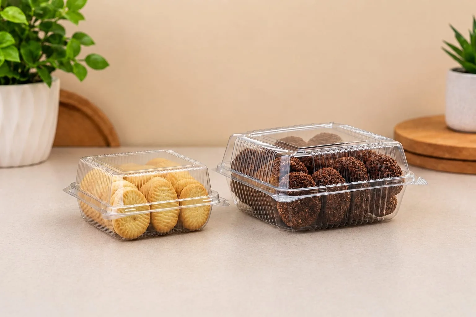 PET O Series Hinged Box, codes 1721 and 1722, holding cookies and chocolate cookies