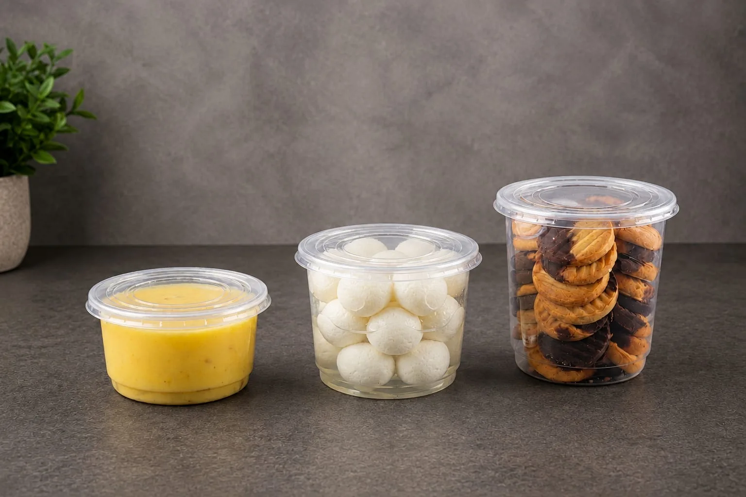 PP Round Container, codes 5411, 5412, 5413, 5414, 5415, 5416 and 5417, holding custard, rasgullas and cookies