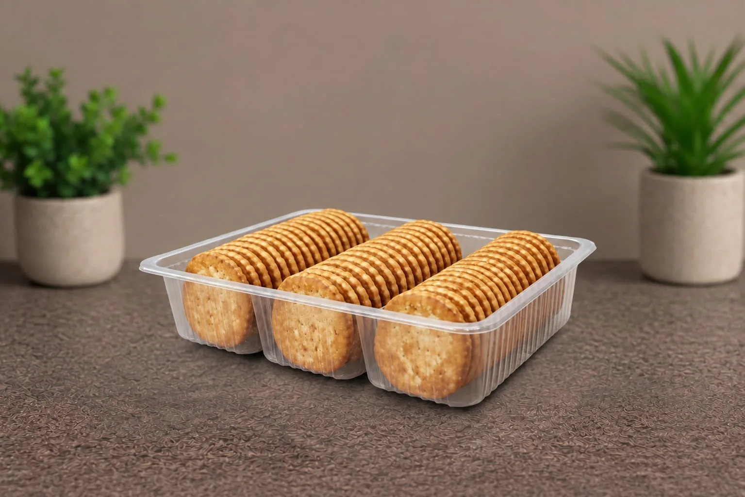 PP 3 Compartment Roll Container, code 5574, holding biscuits