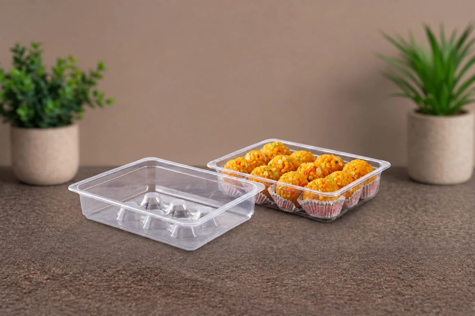 PP Rectangular Container (Ladoo Tray), code 5575, one holding laddoos, one empty