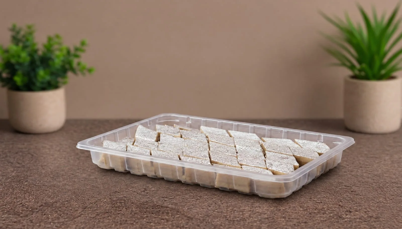 PP Rectangular Container, codes 5577 and 5578, holding kaju katli