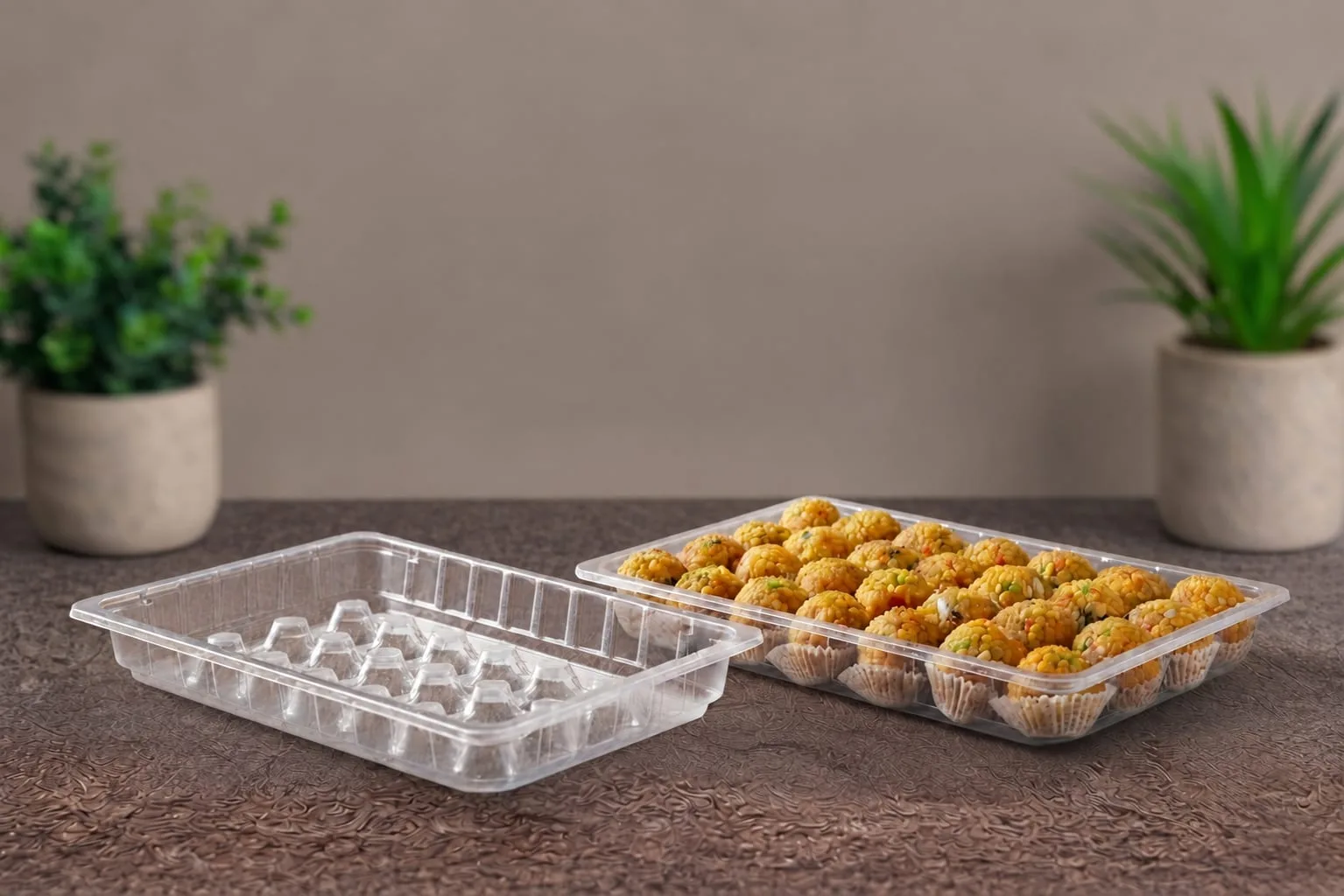 PP Rectangular Container (Ladoo Tray), code 5582, one holding laddoos, one empty