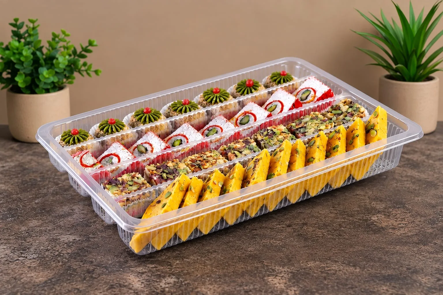 PP 4 Compartment Rectangular Container, code 5583, holding assorted mithai