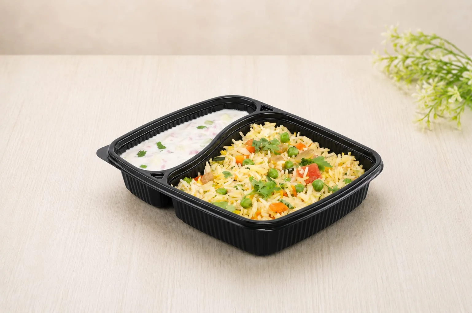 PP 2 Compartment Meal Box with Lid, codes 5600 and 5601, holding pulao and raita