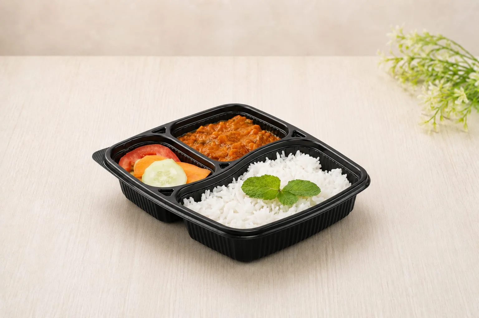 PP 3 Compartment Meal Box with Lid, codes 5602 and 5603, holding rice, curry and salad