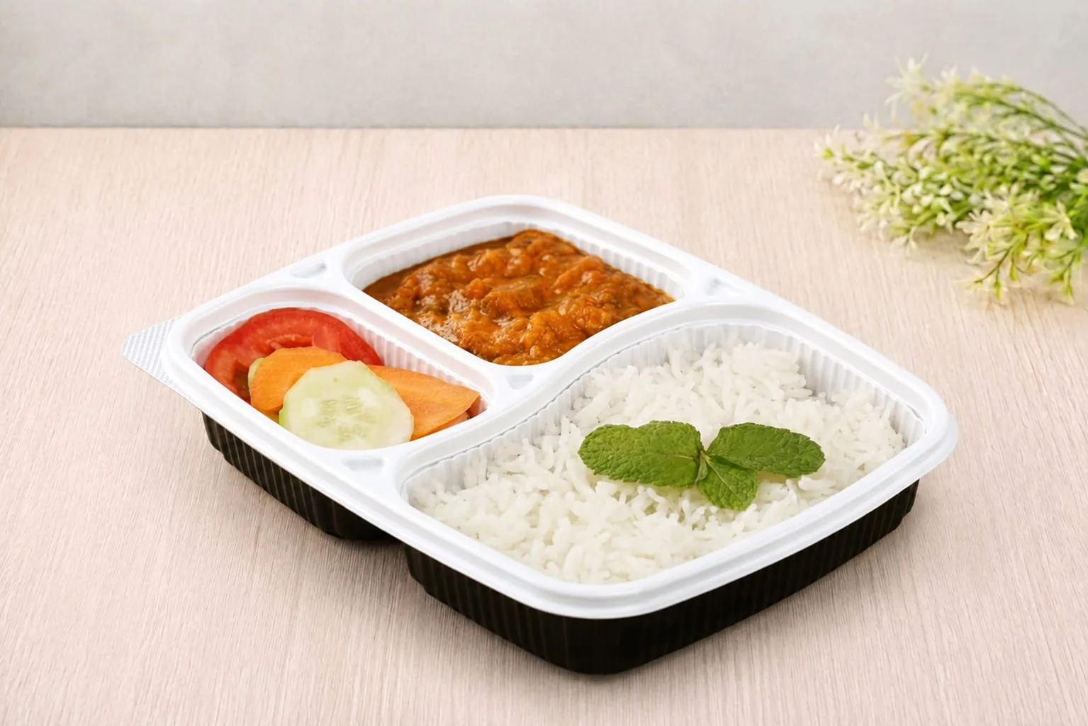 PP 3 Compartment Meal Box with Lid, codes 5602C and 5603, holding rice, curry and salad