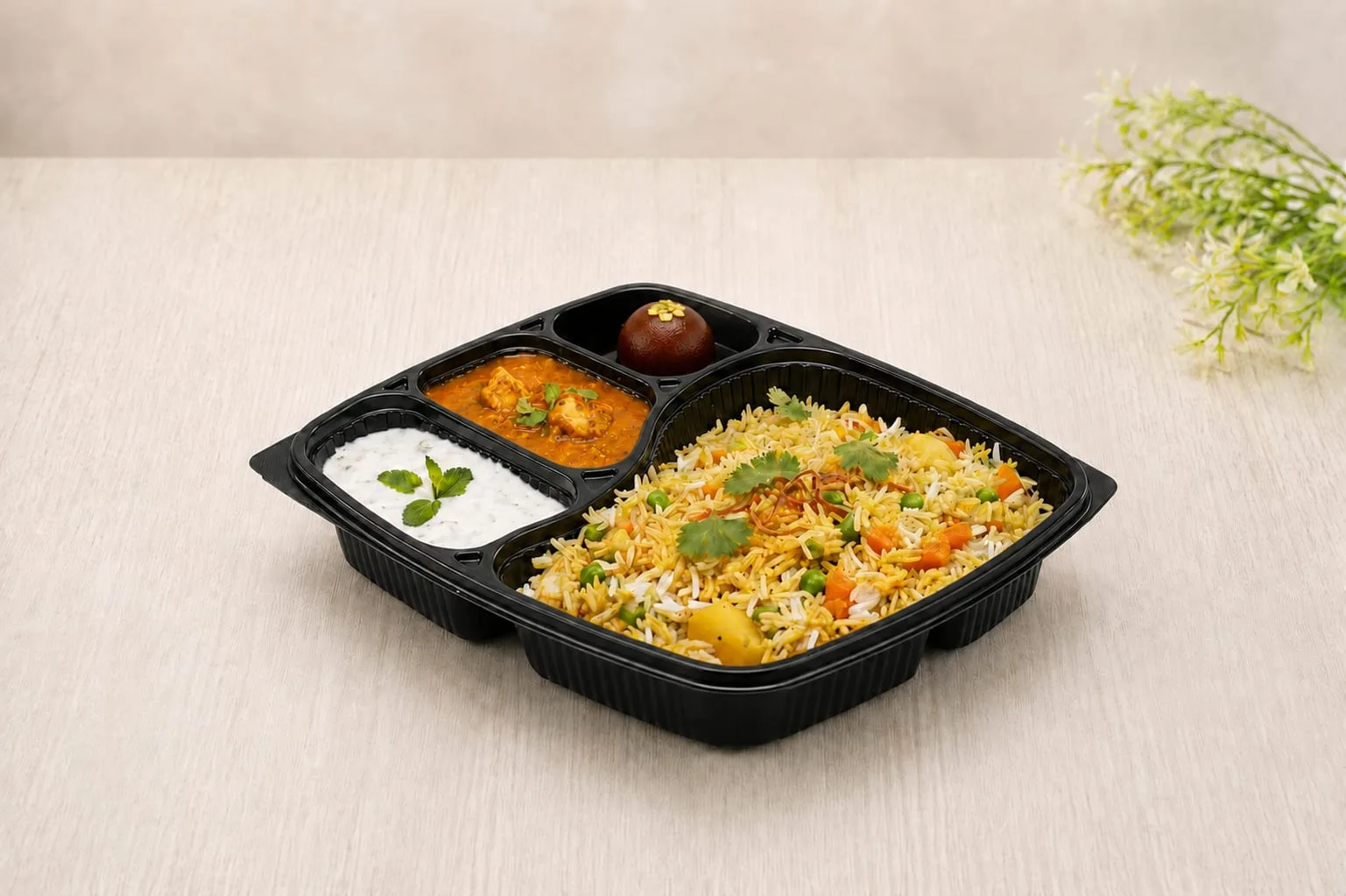 PP 4 Compartment Meal Box with Lid, codes 5604 and 5605, holding biryani, curry, raita and a sweet