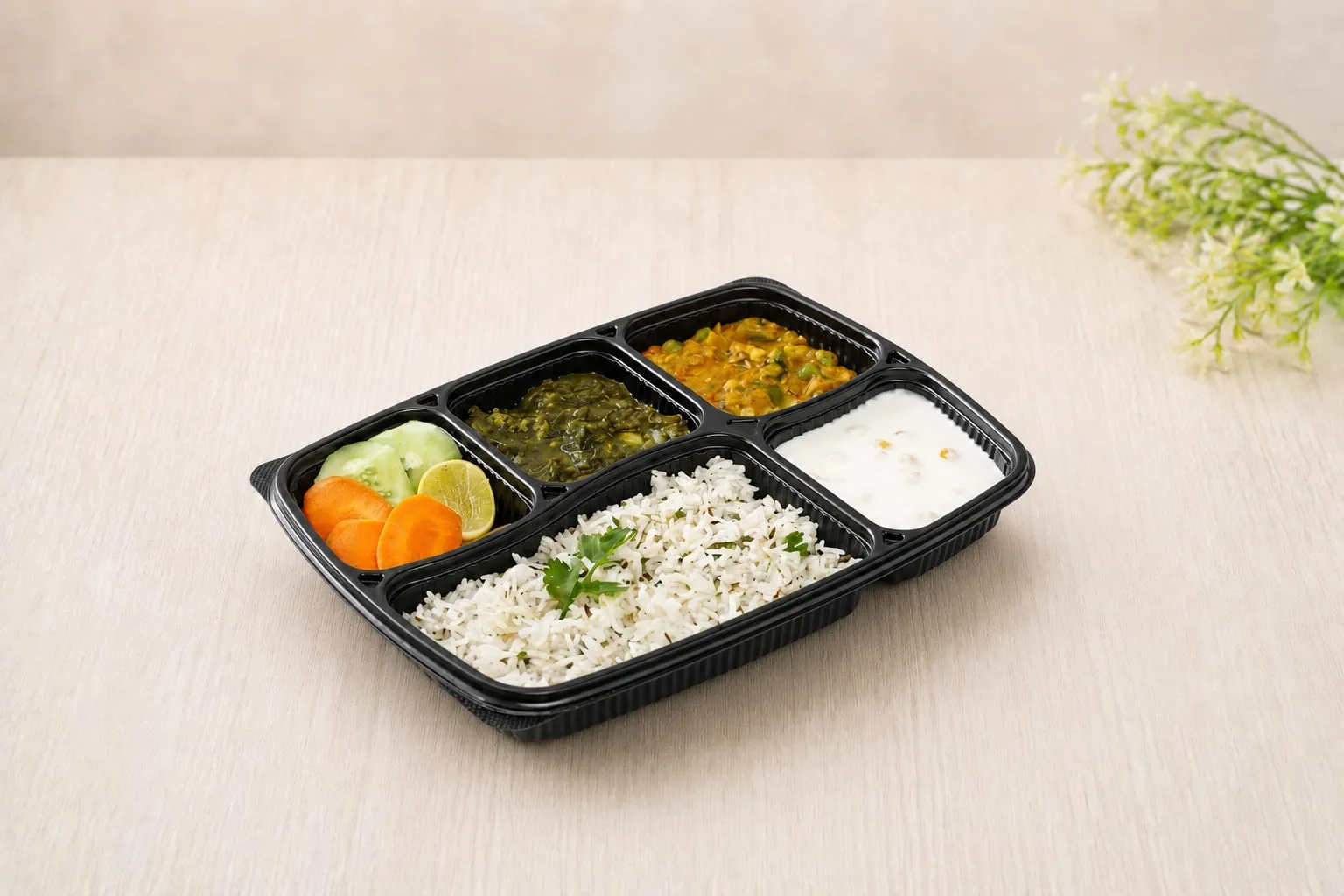 PP 5 Compartment Meal Box with Lid, codes 5606 and 5607, holding rice, two curries, salad and raita