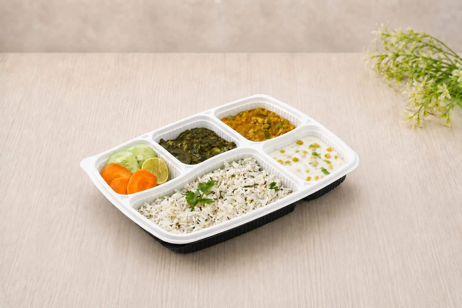 PP 5 Compartment Meal Box with Lid, codes 5606C and 5607, holding rice, two curries, salad and raita