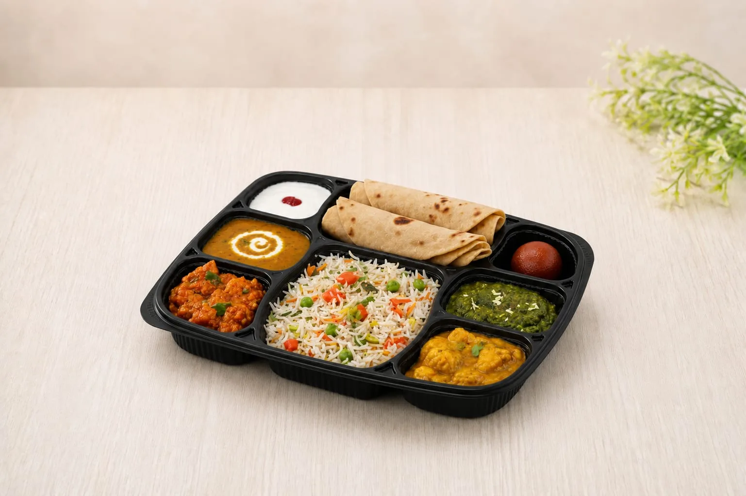 PP 8 Compartment Meal Box with Lid, codes 5608 and 5609, holding a thali with roti, pulao and curries