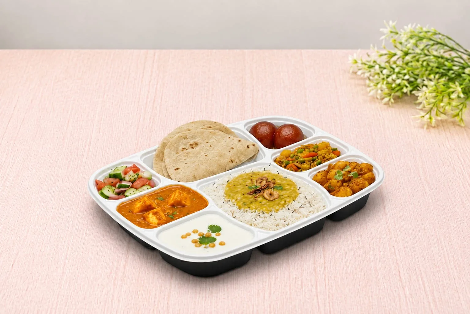 PP 8 Compartment Meal Box with Lid, codes 5608C and 5609, holding a thali with roti, dal and curries