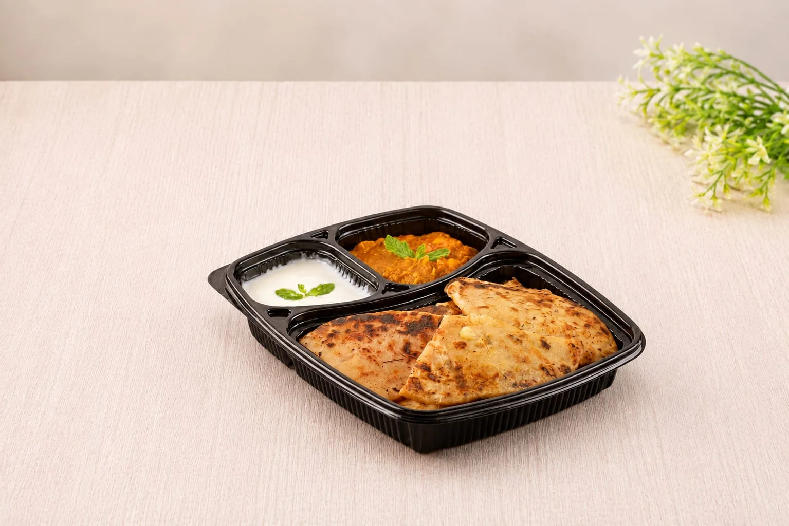PP 3 Compartment XL Meal Box with Lid, codes 5610, 5611 and 5612, holding parathas, curry and raita