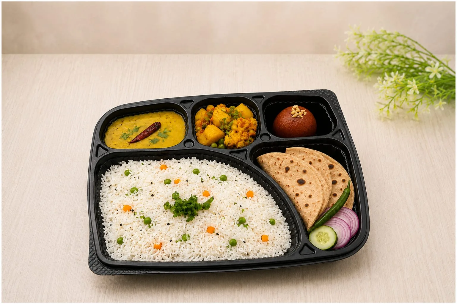 PP 5 Compartment Meal Box with Lid, codes 5613 and 5614, holding pulao, dal, sabzi, roti and a sweet