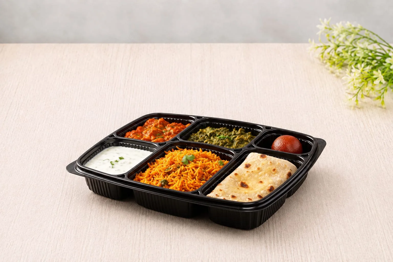 PP 6 Compartment Meal Box with Lid, codes 5615 and 5616, holding biryani, roti, curries and raita