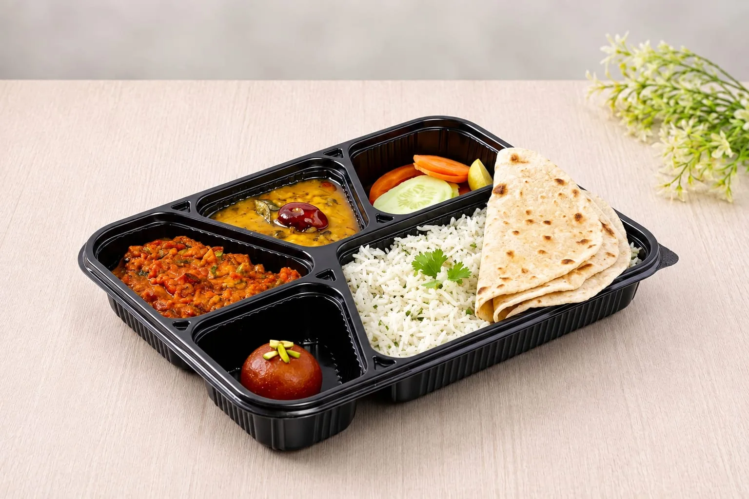 PP 5 Compartment Meal Box with Lid, codes 5619 and 5620, holding roti, rice, curry, dal and a sweet