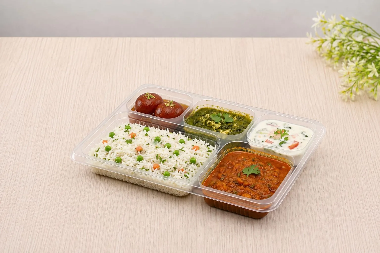 PP 5 Compartment Meal Box, code 5621, holding pulao, curries, raita and gulab jamun