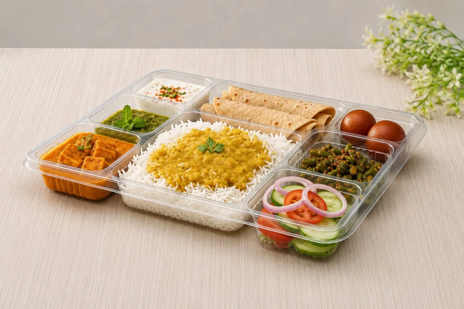 PP 8 Compartment Meal Box, code 5622, holding a thali with dal rice and salad