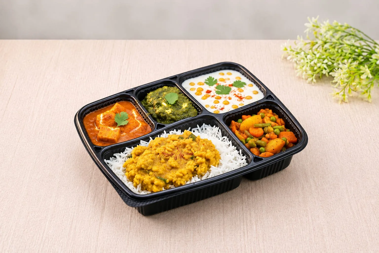 PP 5 Compartment Meal Box with Lid, codes 5631 and 5632, holding rice, dal, paneer and vegetables