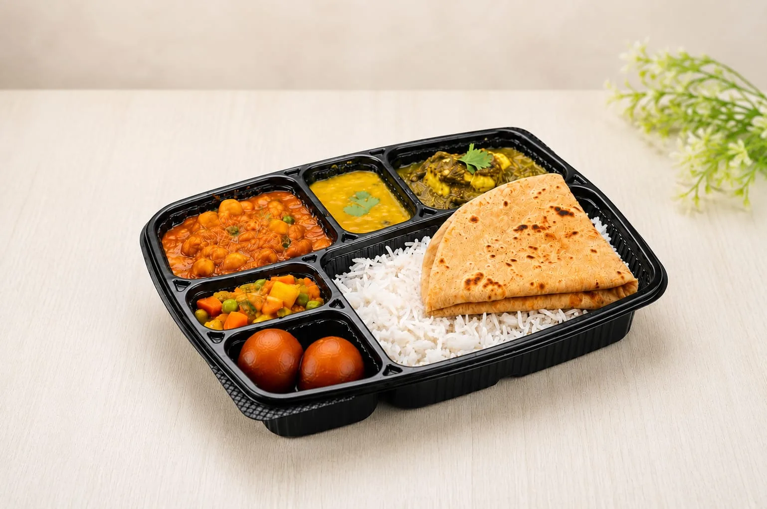 PP 6 Compartment Meal Box with Lid, codes 5633 and 5634, holding roti, rice, curries and gulab jamun