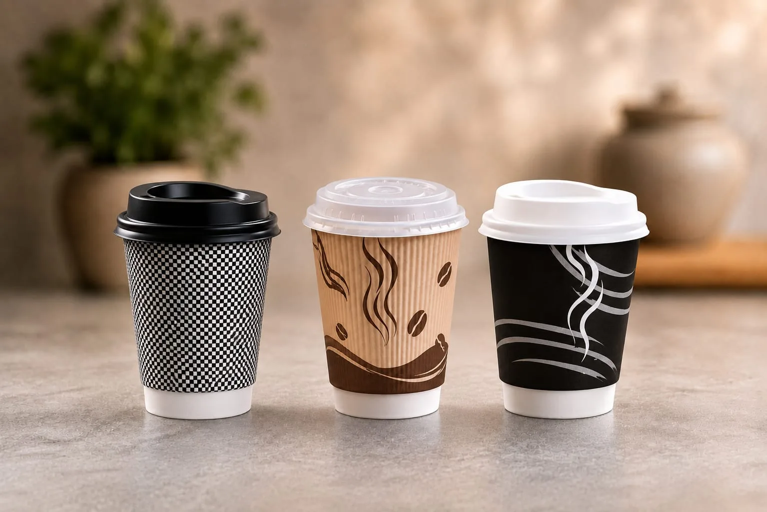 PS Flat Lid and Sipper Lid, codes 6255, 6256, 6257 and 6258, on three paper coffee cups