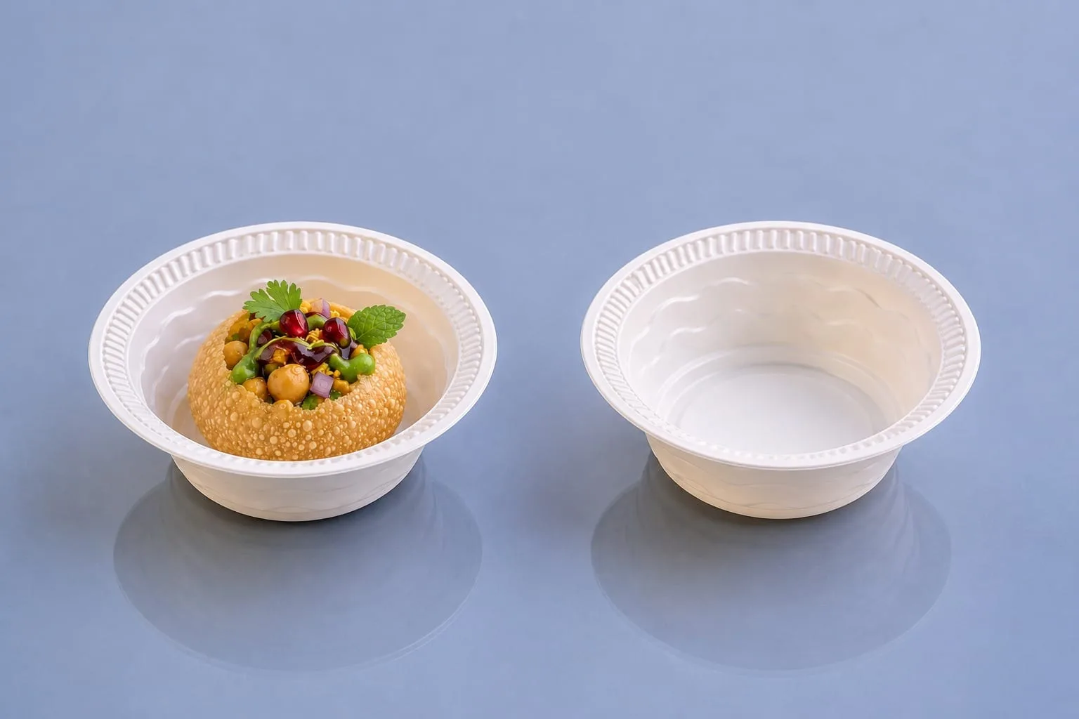 Eco Tray Round Cornstarch Bowl, code 7000, one holding chaat, one empty
