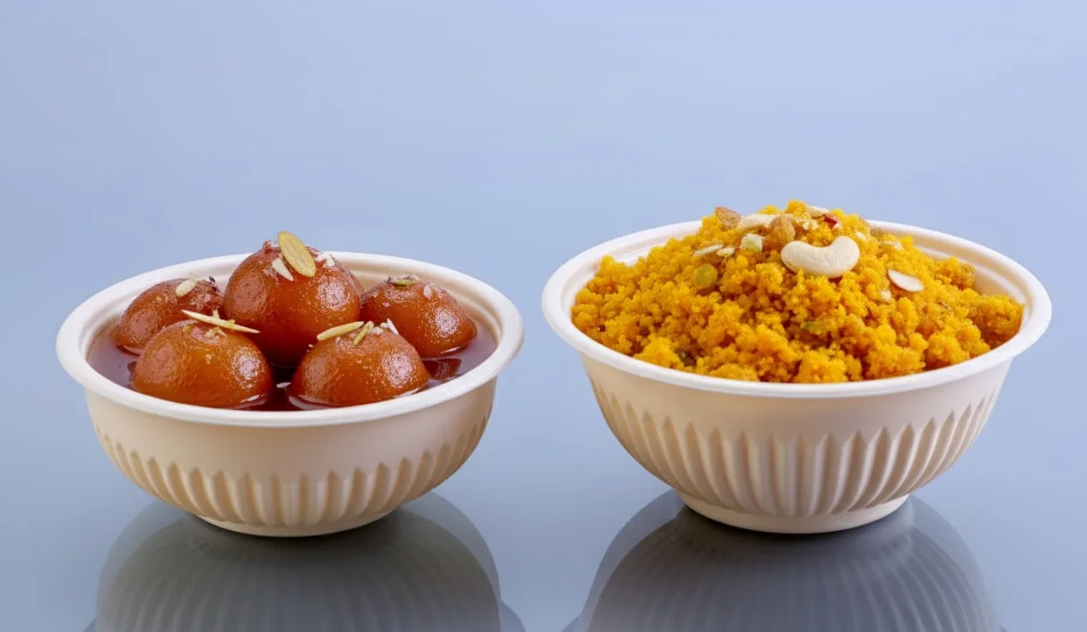Eco Tray Round Cornstarch Bowl, codes 7001 and 7003, holding gulab jamun and halwa