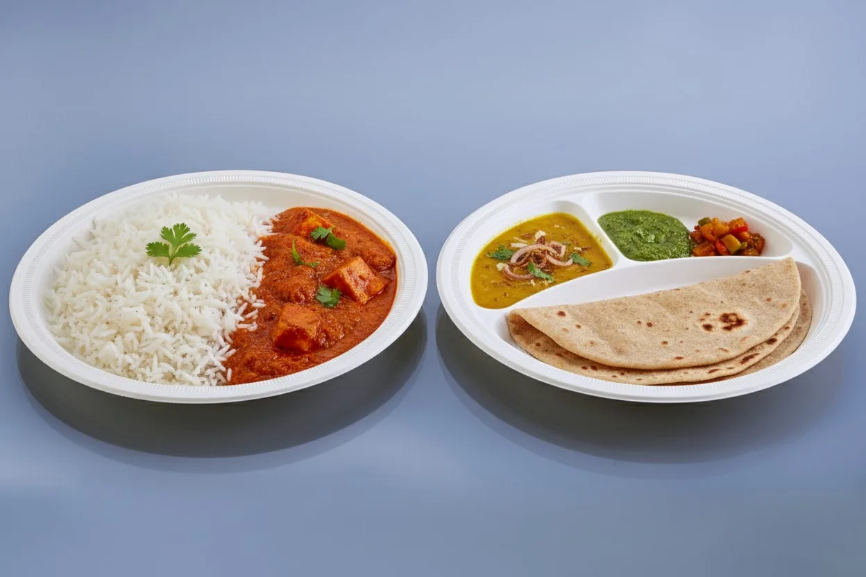 Eco Tray No. 9 Round Plate, codes 7018 and 7019, holding rice and curry, and roti and dal