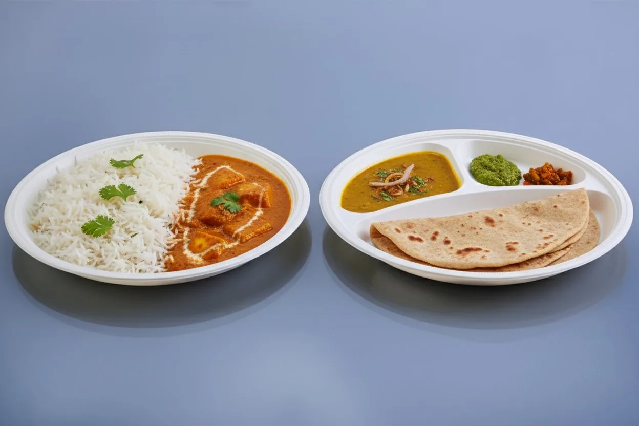 Eco Tray No. 10 Round Plate, codes 7021 and 7022, holding rice and curry, and roti and dal