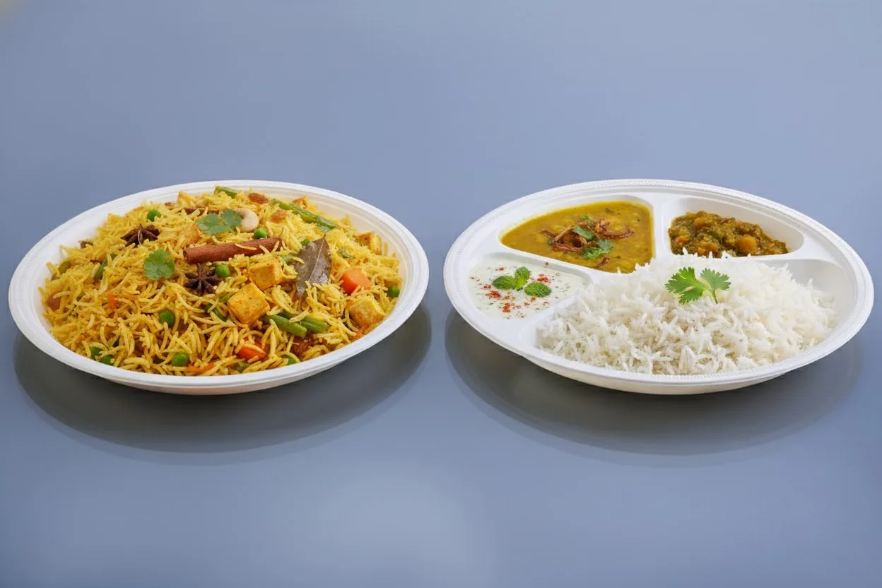Eco Tray No. 11 Round Plate, codes 7023 and 7025, holding biryani, and rice with curries