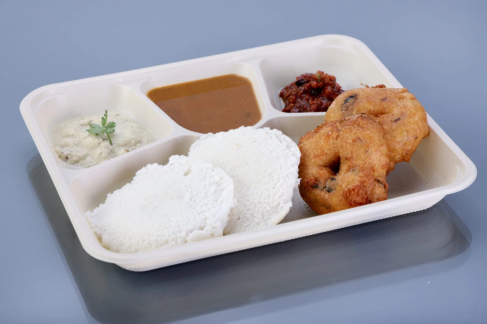 Eco Tray 4 Compartment Tray, code 7034, holding idli, vada, sambar and chutney