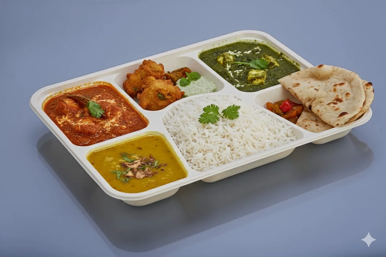 Eco Tray 6 Compartment Tray, code 7038, holding a full thali