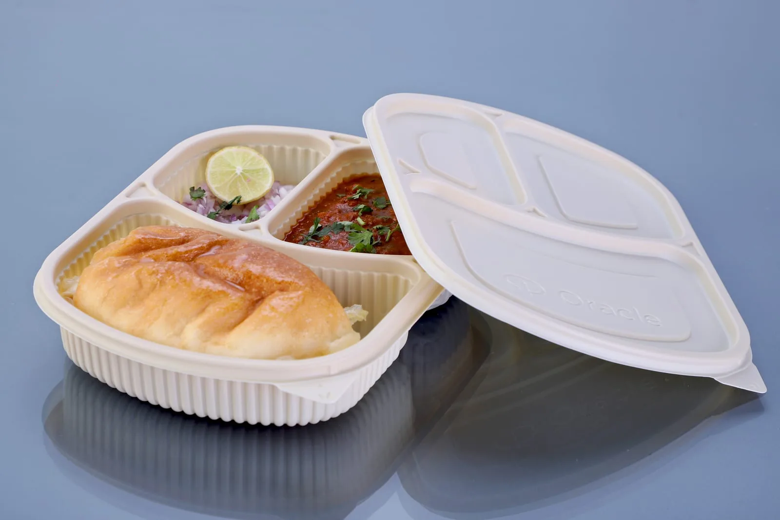Eco Tray 3 Compartment Cornstarch Meal Box with Lid, codes 7041 and 7041L, holding pav bhaji