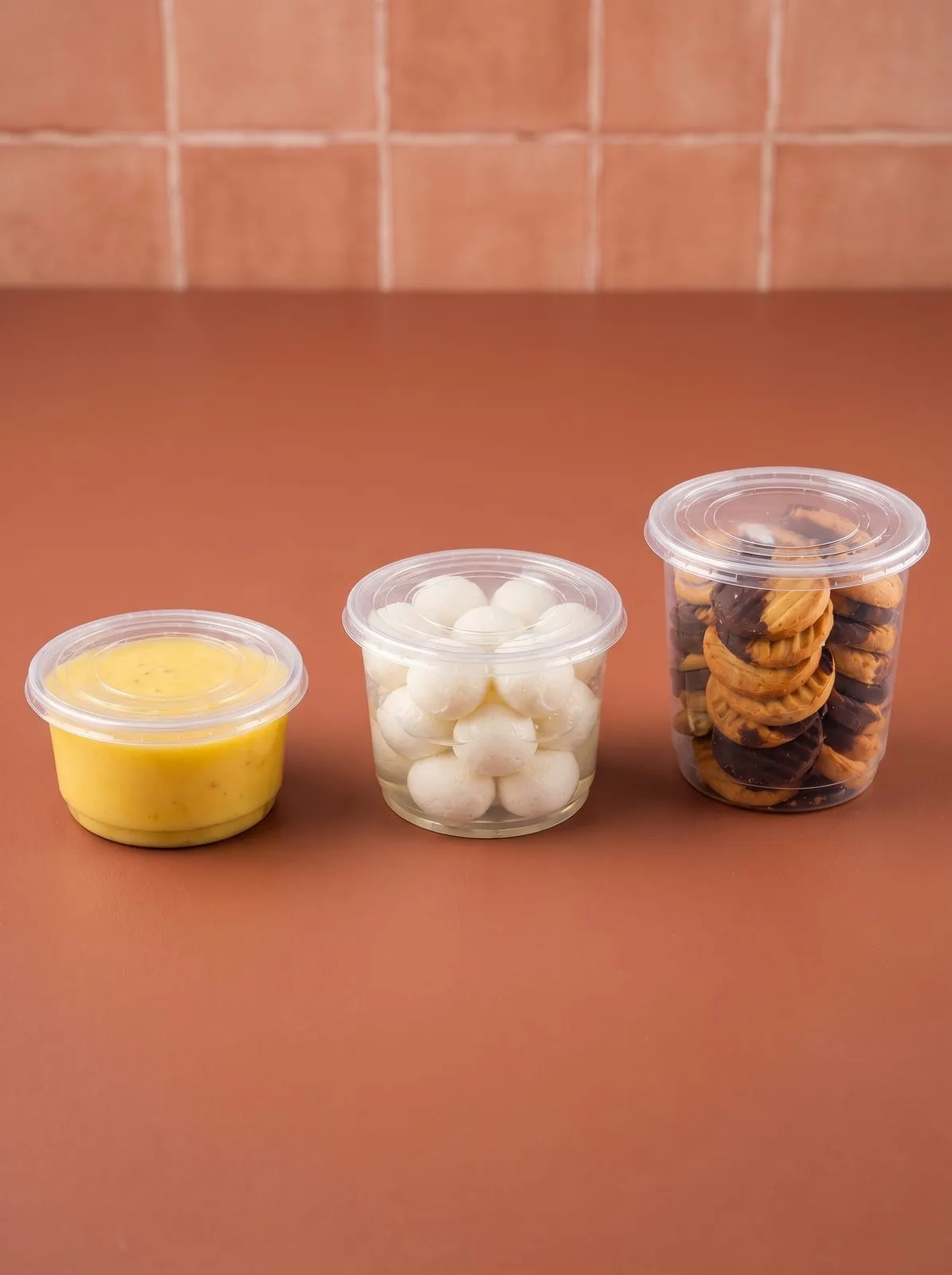 Clear Oracle PP round containers holding custard, rasgulla and cookies