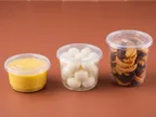 Clear Oracle PP round containers holding custard, rasgulla and cookies