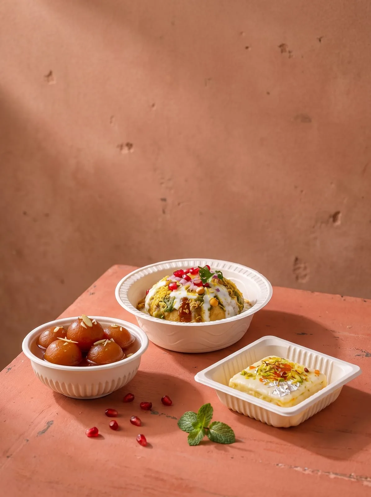 Oracle Group Eco Tray cornstarch bowls holding chaat and gulab jamun