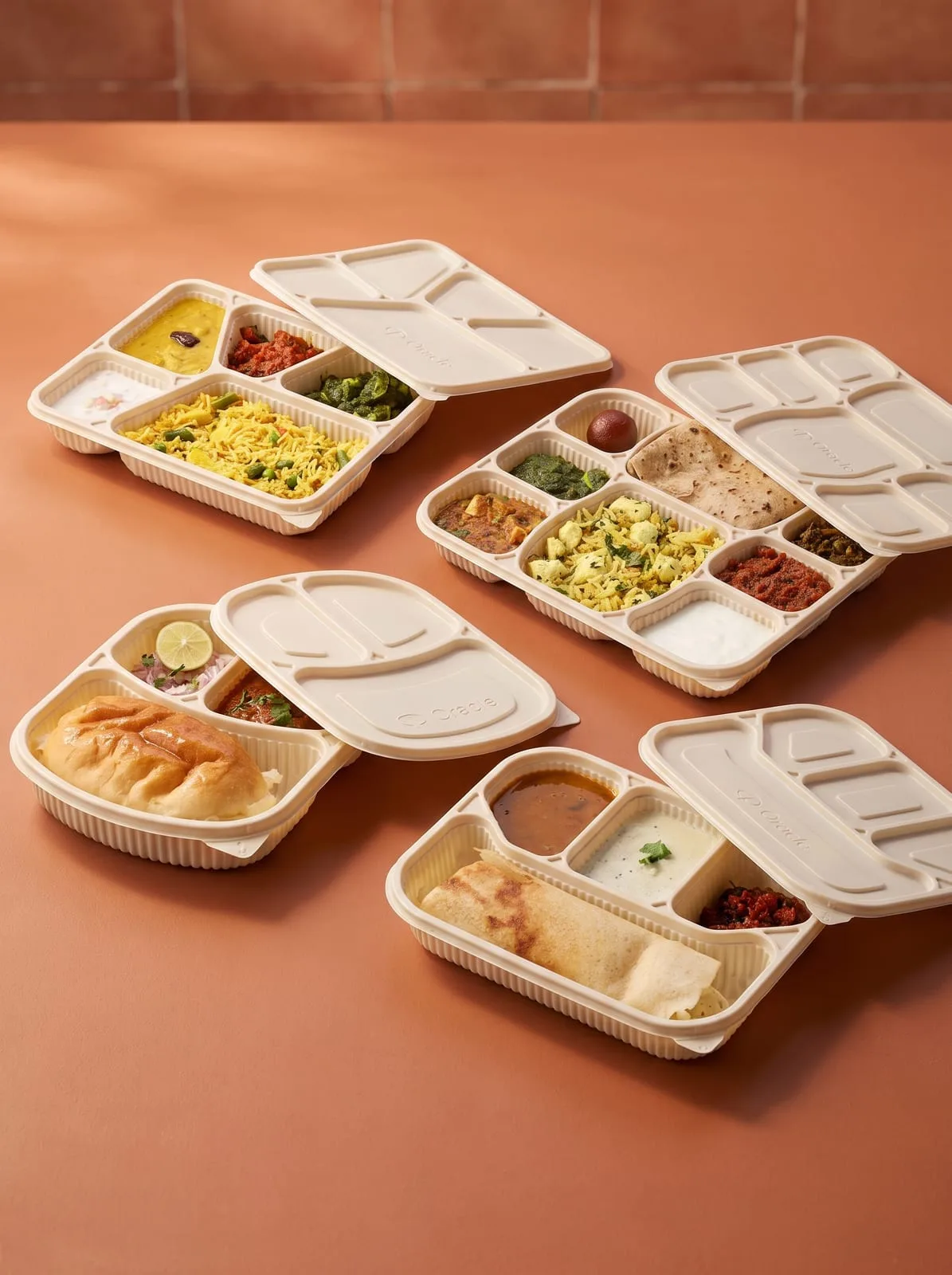 Oracle Group Eco Tray cornstarch compartment meal trays filled with Indian meals