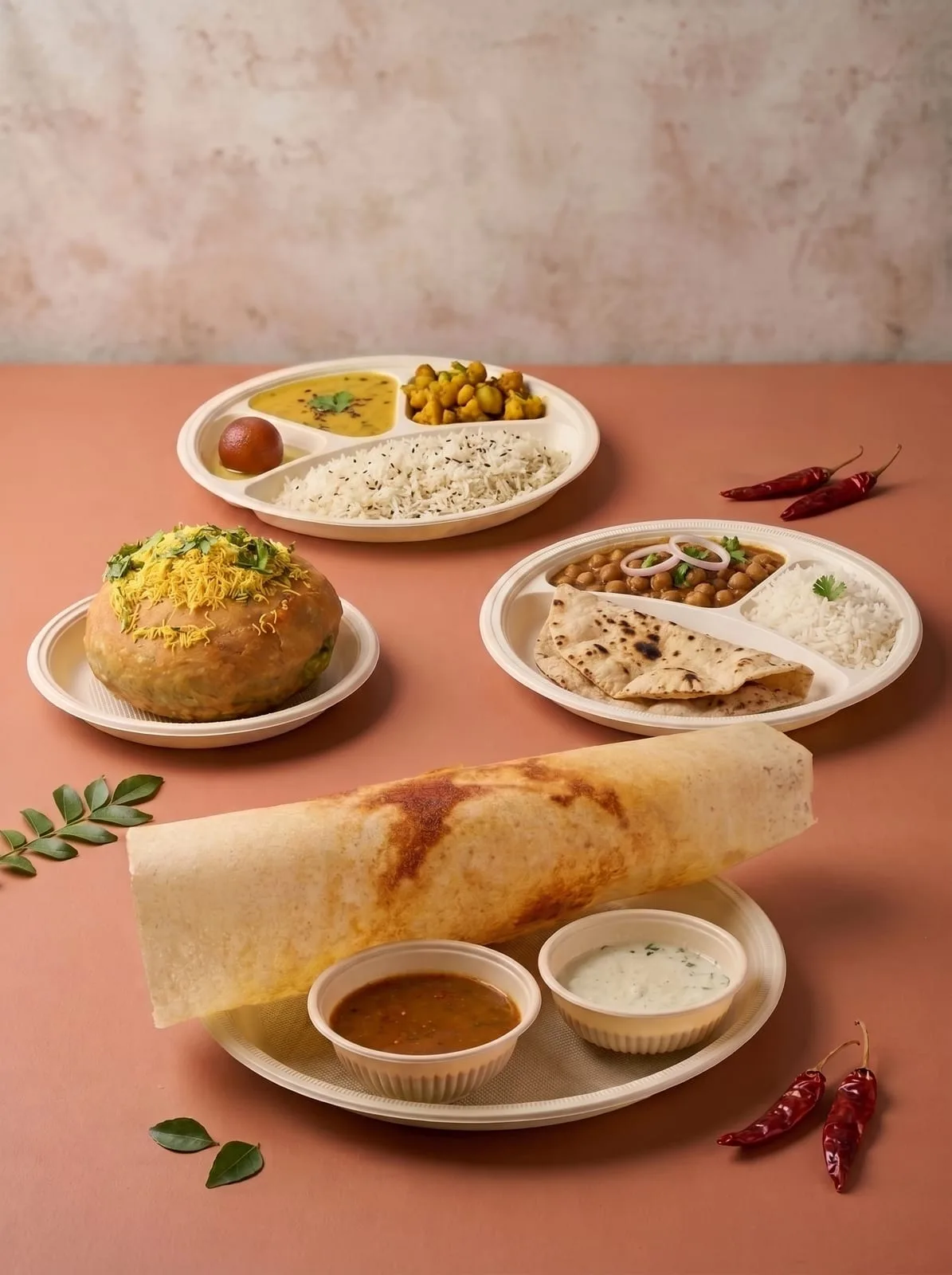 Oracle Group Eco Tray cornstarch plates with dosa, rice and curries