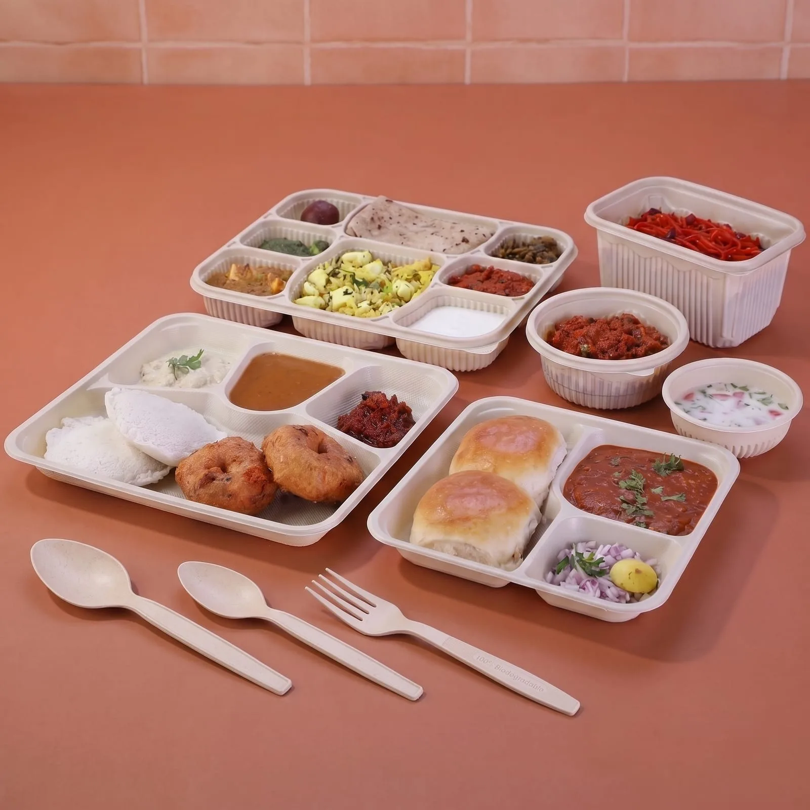 Oracle Group cornstarch meal trays, containers and cutlery with Indian food