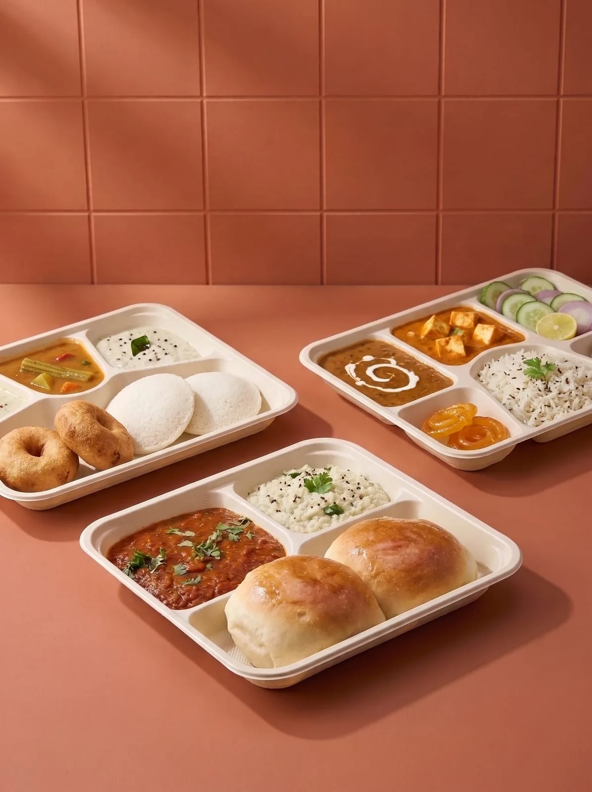 Oracle Group Eco Tray cornstarch compartment trays with idli, vada and pav bhaji