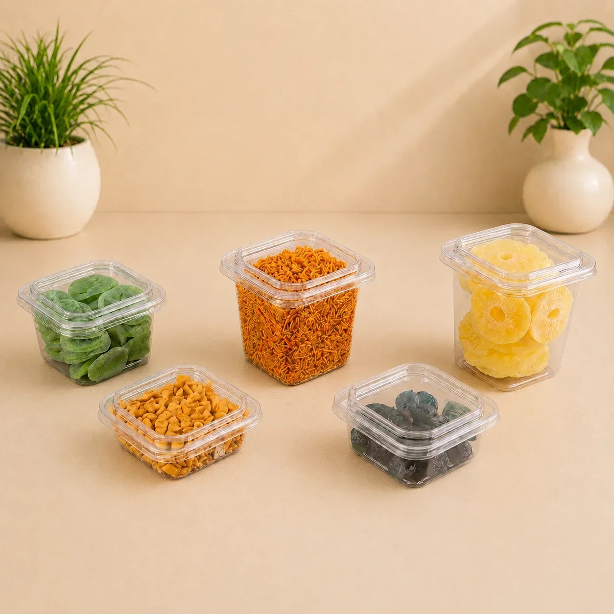 Clear PET square containers filled with snacks, dry fruits and sweets