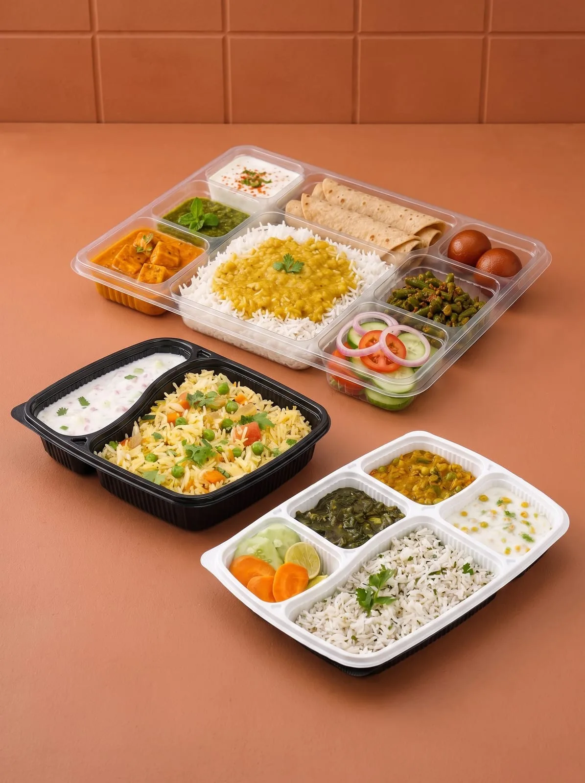 Oracle Group PP compartment meal boxes filled with rice, curries, rotis and salad