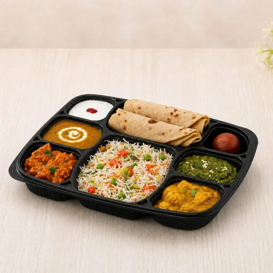 PP 8-compartment meal box with an Indian thali
