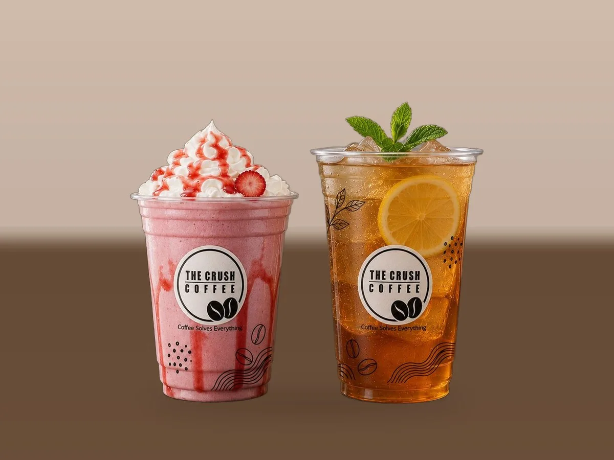 Oracle Group printed PET cups 1133 and 1134 with a shake and iced tea