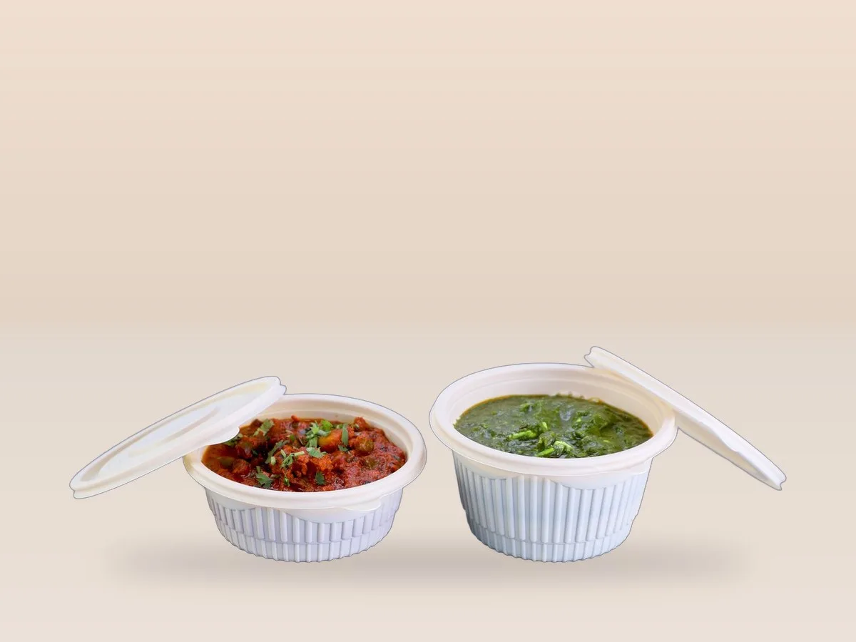 Oracle Group cornstarch round containers 7063 and 7065 with curries