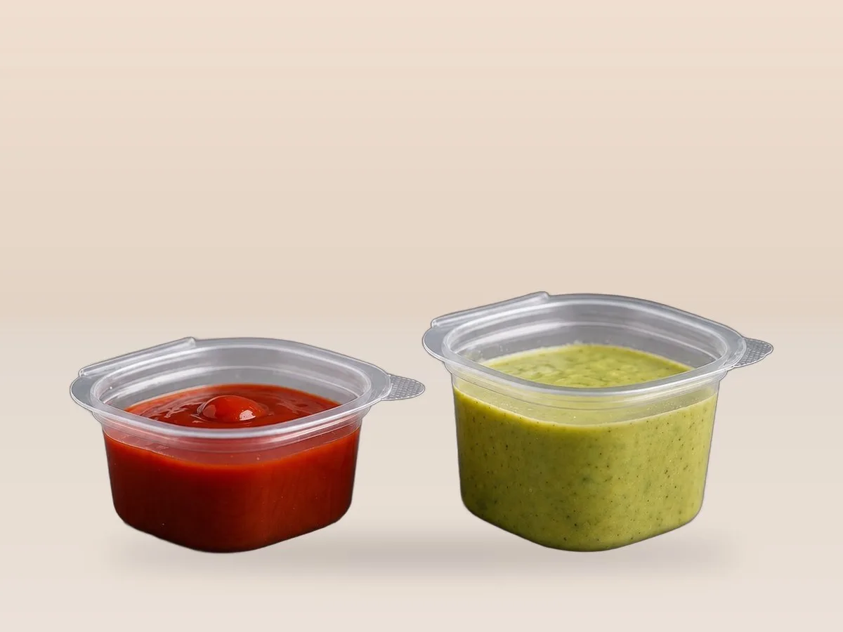 Oracle Group PET sauce containers 1406 and 1407 with sauces and dips