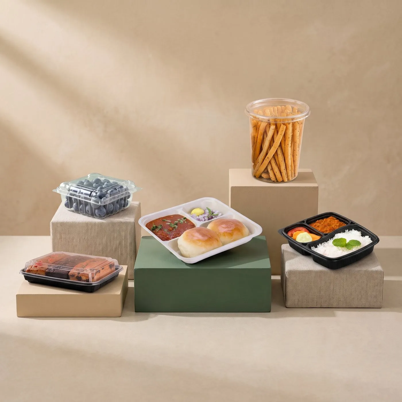 Oracle Group food packaging on beige and green podiums: a blueberry punnet, a cake box, a cornstarch meal tray, a tall container of breadsticks and a PP meal box
