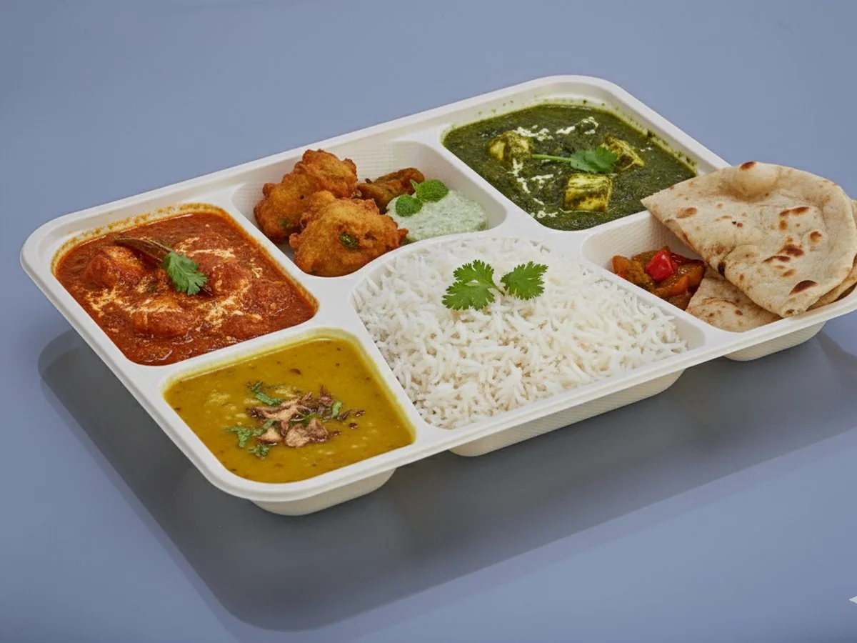 Oracle Group cornstarch 6 compartment tray 7038 with a full meal