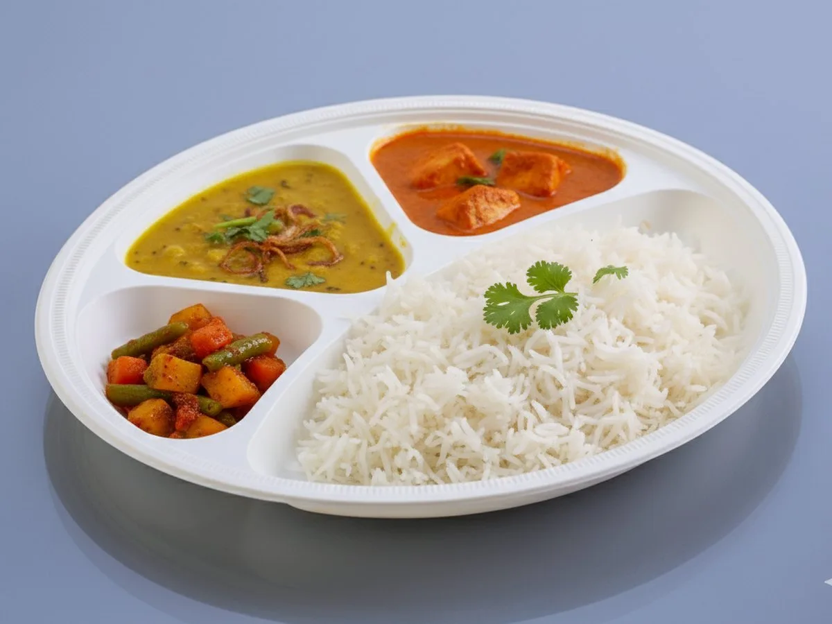 Oracle Group cornstarch round plate 7025 with rice, dal and curries