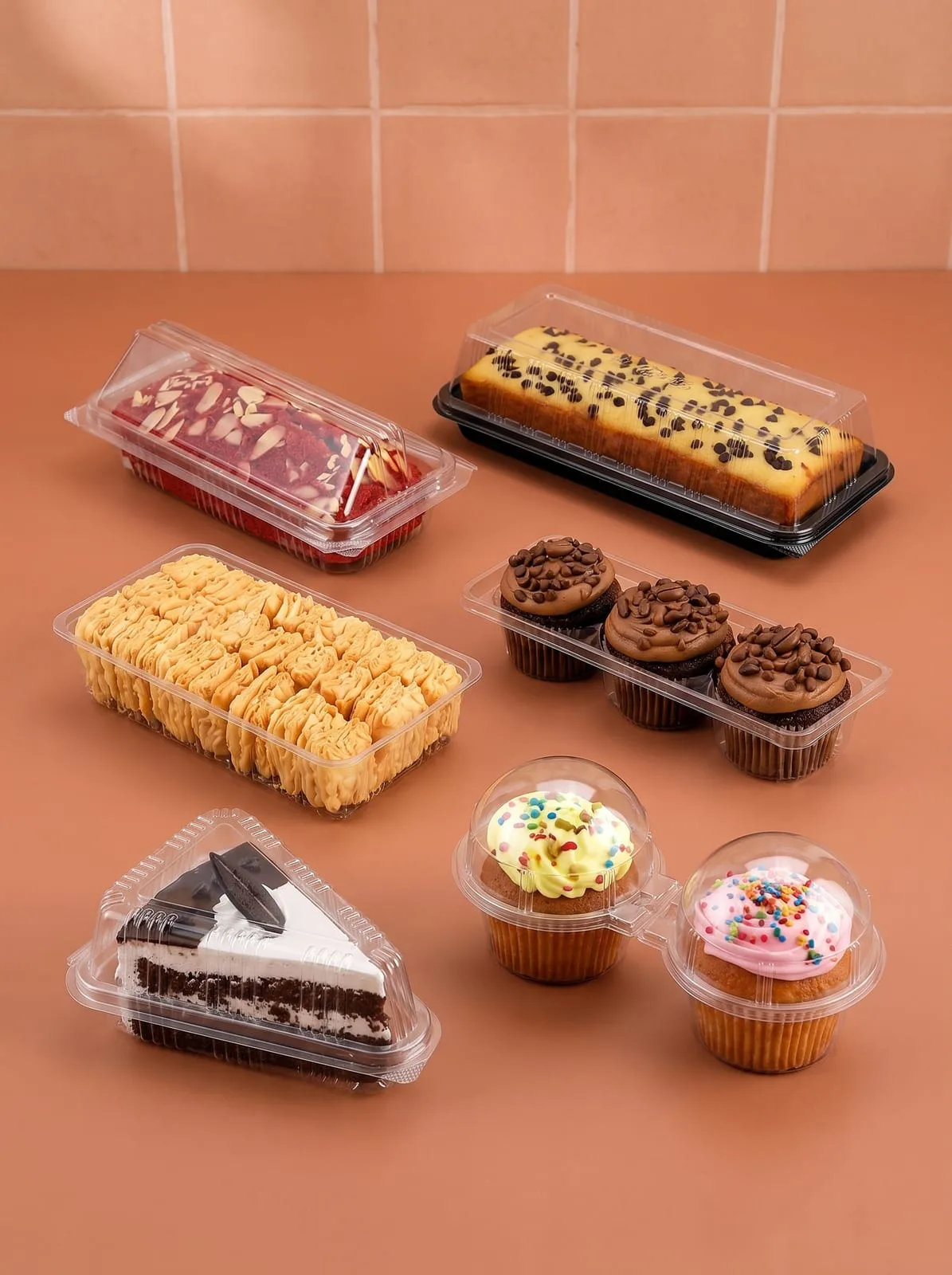 Oracle Group PET bakery packaging holding cakes, cookies, brownies, a pastry slice and cupcakes